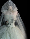 Elegant Green A-line Off-shoulder Sleeveless Tulle Formal Prom Gown Evening Dress HZ1024