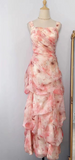 Pretty Pink Printed Strapless Chiffon Mermaid Ball Gown Evening Dress HZ1024