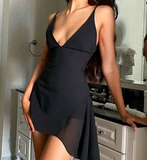 Sexy Black Strap Deep V Neck Chiffon Mini Ball Gown Evening Dress HZ1024