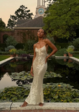 Simple Champagne Strap Sequin Mermaid Backless Ball Gown Evening Dress HZ1024