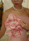 Elegant Pink Strapless Tulle 3D Flower Beaded Satin Mermaid Ball Gown Evening Dress HZ1024