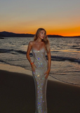 Shiny Champagne Strapless Backless Mermaid Ball Gown Evening Dress HZ1024