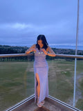 Elegant One Shoulder Soft Bodycon Slit Prom Dress Bridesmaid Dress HZ1024