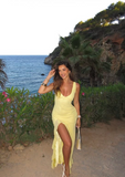 Elegant light yellow strap V-neck slit prom dress evening dress HZ1024
