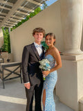 Elegant Blue Strapless Sweetheart Neck Slit Formal Prom Dress Bridesmaid Dress HZ1024