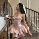 18th Birthday Sweet Pink Strapless Sweetheart Neck Lace Silk Satin Mini Birthday Dress Homecoming Dress HZ1024