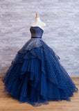 A-Line Elegant Navy Strapless Floor-length Formal Prom Dress Evening Gown HZ1024