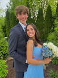 Elegant Blue Strapless Sleeveless Layered Pleated A-Line Ball Gown Bridesmaid Dress HZ1024