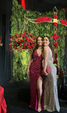 Elegant Mermaid Burgundy Slit V Neck Sequin Formal Prom Dress Evening Gown HZ1024