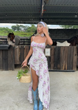 Printed Spaghetti Strap Sleeveless Chiffon High Low Prom Dress Party Dress HZ1024