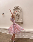 Sweetheart Pink Printed Short Sleeve A-Line Knee Length Birthday Party Dress Homecoming Dress HZ1024
