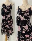 Vintage Black Chiffon Spaghetti Strap Floral Printed Short Party Dress Homecoming Dress HZ1024