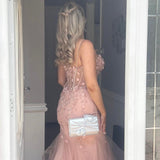 Elegant Pink Strapless Sweetheart Neck Mermaid Tulle Long Prom Dress Evening Dress HZ1024
