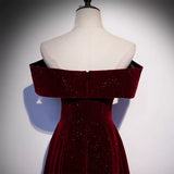 A-Line Off Shoulder Velvet Burgundy Long Prom Dress, Burgundy Formal Dress HZ1024