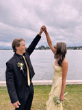 Simple Yellow Mermaid Slit Ruffled Prom Dress Bridesmaid Dress HZ1024
