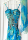 Retro Gradient Blue Suspender Chiffon Ruffle Beaded Prom Dress Evening Gown HZ1024