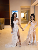 Sexy White Off Shoulder High Slit Sequined Trailing Prom Dress Evening Dress HZ1024