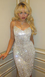Shiny Silver Strapless V-Neck Sequin Knee-Length Prom Dress Evening Dress HZ1024