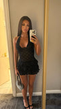 Sexy Black Halter Off Shoulder Mesh Mini Party Dress Homecoming Dress HZ1024
