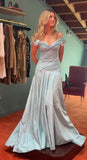 Elegant Blue Off Shoulder A-Line Long Prom Dress Evening Dress HZ1024