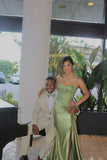 Simple Green Satin Strapless Slit Sequin Mermaid Prom Dress Evening Dress HZ1024