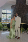 Simple Green Satin Strapless Slit Sequin Mermaid Prom Dress Evening Dress HZ1024