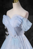 Blue Pearl Tulle Floor Length Prom Dress, A-Line Off the Shoulder Formal Party Dress HZ1024