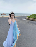 Simple Multi-color Splicing Design A-Line Casual V-neck Spaghetti Strap Dress HZ1024