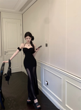 Fashion Sexy Black Lace Cutout Sleeved Backless Halter Dress HZ1024