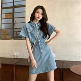 Simple Casual Short Sleeve Button-front Denim Dress HZ1024