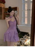 Sweet V-neck Irregular Ruffled Hem Design A-line Spaghetti Strap Dress HZ1024
