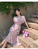 New Fashion Floaral Design V-neck Short Sleeves Mermaid Slim Long Dress HZ1024