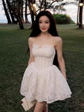 Vintage White Lace Strapless A-Line Homecoming Dress Party Dress Cocktail Dress HZ1024