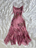 Vintage Pink Floral Embroidery Prom Dress Red Mermaid Evening Dress Satin Formal Dress HZ1024