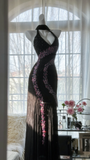 Retro Black V-neck Applique Design Romantic Chiffon Evening Dress Prom Dress HZ1024