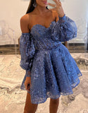 Vintage Sequin Appliqued Off-the-shoulder Design A-line Sweetheart Homecoming Dress HZ1024