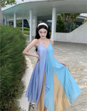 Simple Multi-color Splicing Design A-Line Casual V-neck Spaghetti Strap Dress HZ1024