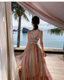 New Rainbow Stripe Design Beach Holiday Casual Halter Dress HZ1024