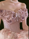 Vintage Pink Off-the-shoulder Prom Applique Beaded Evening Gown A-Line Party Dress Floor Length Formal Dress HZ1024