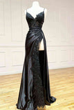 Black Long Appliques Prom Dress with Spaghetti Straps HZ1024