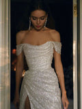 Sparkly Ivory Mermaid Off Shoulder High Slit Cheap Long Prom Dresses Online HZ1024