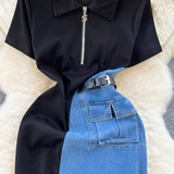 New Fashion Two-tone Jean And Black Polo Dress HZ1024
