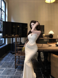 Simple Fashion Design Apricot A-Line Slim Women Halter Dress HZ1024