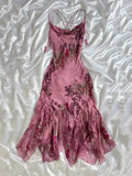 Vintage Pink Floral Embroidery Prom Dress Red Mermaid Evening Dress Satin Formal Dress HZ1024