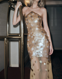 Elegant Golden Sparkling Sequin Sheath Evening Gown Halter-neck Party Dress Tulle Long Formal Dress HZ1024