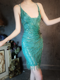 Vintage Blue-green Spaghetti Strap Sparkling Beaded Tassel Design Sheath Short Homecoming Dress HZ1024