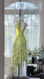 Retro Light Green Sparkling Sequin Spaghetti Strap Romantic Ball Gown Evening Dress Prom Dresses HZ1024