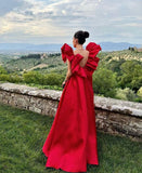 Vintage Red A-Line Prom Dress Long V-neck Evening Dress Satin Ruffles Formal Dress HZ1024