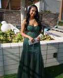 Green Mermaid Heart Neck Strapless Sequined Tulle Long Prom Dresses HZ1024