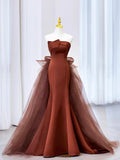 Mermaid Satin Tulle Long Prom Dress, Brown Strapless Evening Party Dress HZ1024